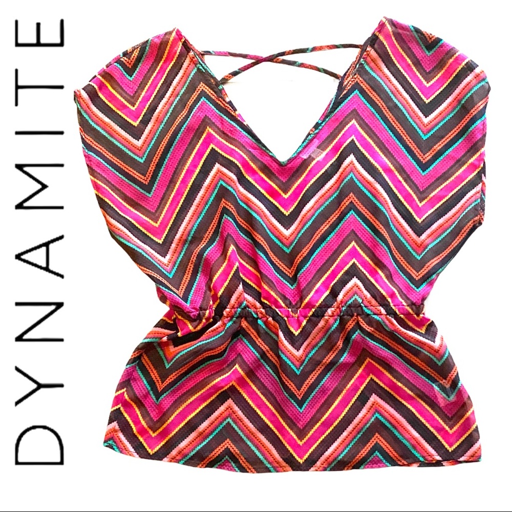 2/$25- Double V-Neck Sheer Psychedelic Raglan Blouse